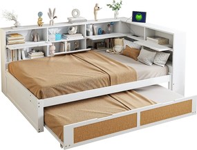 Sofa rozkładana - 140 x 200 cm - Sofa rozkładana - pojemnik i gniazdko - drewno sosnowe + sklejka + MDF - biała