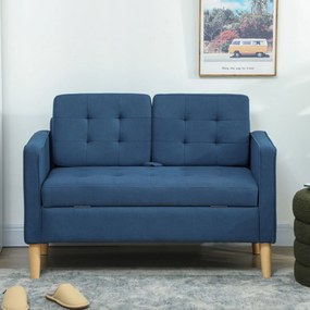 HOMCOM Sofa dwuosobowa z schowkiem, pikowane oparcie, nogi z drewna kauczukowego — 117x62x78 cm, niebieska