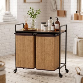 HOMCOM Kosz na pranie bambus 2 komory 120 l, pojemnik z półką, worek na pranie, na kółkach 73x33x78 cm, Brązowy | Aosom PL