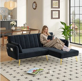 Sofa 3-osobowa rozkładana - 191,5 x 130 x 80 cm - narożnik z funkcją spania - welur - czarny