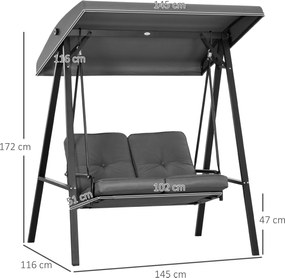 Outsunny Huśtawka Hollywood dla 2 osób, ogrodowa z regulowanym dachem, do 220 kg, 145 x 116 x 172 cm, Ciemnoszary