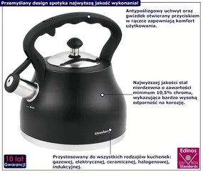 Czarny matowy czajnik z gwizdkiem 2,7L L5-A87