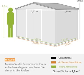 Outsunny Schowek Ogrodowy, 2 Drzwi Przesuwne, 4 Okna, Odporny na Warunki Atmosferyczne, Metalowa Konstrukcja, 2,7 x 1,9 x 1,9 m, Brązowy