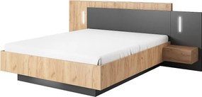 Łóżko ze skrzynią i szafkami nocnymi 160 x 200 cm - 2 szuflady - Z oświetleniem LED - Kolor: Naturalny i antracyt + Materac - FRANCOLI