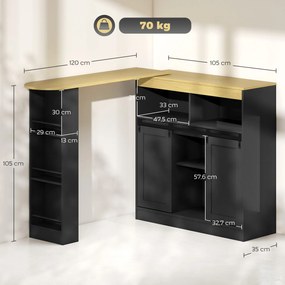 HOMCOM Rozkładany Bar z Możliwością Przemiany na Kształt L, Dużo Miejsca do Przechowywania, 3 Regulowane Półki, Płyta Wiórowa, MDF, Czarny