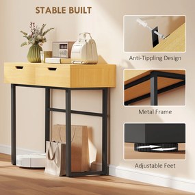 HOMCOM Stolik konsolowy Wąski stolik do przedpokoju z 2 szufladami, metalowa rama, do przedpokoju 110 x 35 x 76,5 cm naturalny | Aosom PL