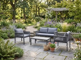 Aluminiowy zestaw mebli ogrodowych (2 x fotel, sofa + stolik) CORTO okrągły szary technorattan