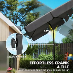 Outsunny Prostokątny parasol balkonowy z 3-stopniowym nachyleniem, korbowy parasol plażowy z 8 rozpórkami, 183x122x222 cm, ciemnoszary | Aosom PL