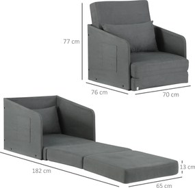 HOMCOM® sofa do spania sofa rozkładana sofa pojedyncza pokrowiec do prania 2 kieszenie boczne poduszka metal szary 70 x 76 x 77 cm