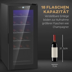 HOMCOM Lodówka na Wino, Cicha, 5-18°C, Dotykowy, Oświetlenie, 34,5x45x78cm, Czarna