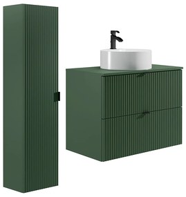 Podwieszana szafka łazienkowa prążkowana z nablatową okrągłą umywalką i słupkiem - Matowa zieleń - 80 cm - ZEVINI