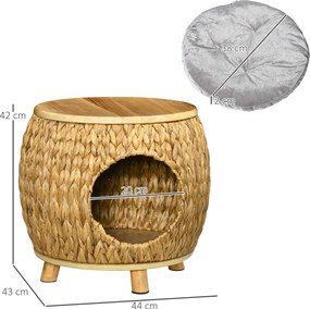 Jaskinia dla kota Pawhut z trawy wodnej hiacyntowej, zmywalna poduszka, 44 x 43 x 42 cm, Jasnobrązowy+Naturalne drewno+Szary