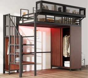 Łóżko na antresoli z metalu 90x200cm - z szafą - z drabiną bezpieczeństwa - z oświetleniem LED - czarny​ (Materac nie jest wliczony w cenę)