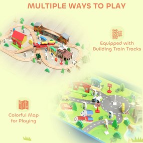 AIYAPLAY Stolik do zabawy, 108-elementowy zestaw kolejowy z drewna, z odłączaną płytą, stolik kolejowy, 98x60,5x40 cm, niebieski