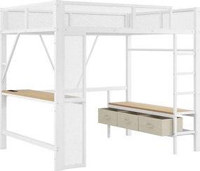 Łóżko piętrowe 140x200 cm, łóżko młodzieżowe z USB i oświetleniem LED, 3 szufladami i biurkiem - białe (bez materaca)