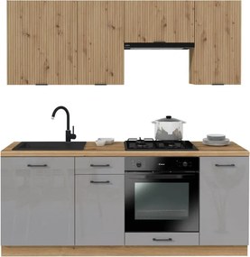 Zestaw Mebli Kuchennych MODERN 200 cm Dąb Artisan/Szary Połysk Ryflowany Nowoczesny