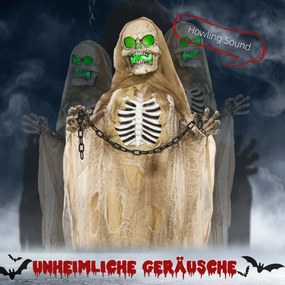 HOMCOM Dekoracja Halloween, Wiszący Szkielet, Świecąca Głowa, Przerażające Wycie, Giętkie Ramiona, Khaki
