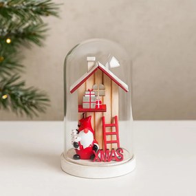 Kopuła szklana z drewnianym domkiem świątecznym, 12 cm
