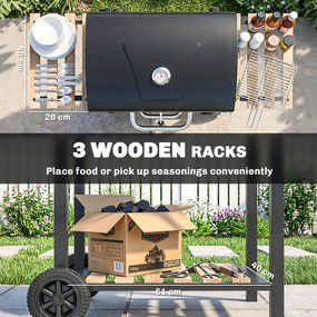 Outsunny Grill węglowy z regulowaną paletą węglową, wózek grillowy, półki, termometr, otwieracz do butelek, stal, drewno, czarny