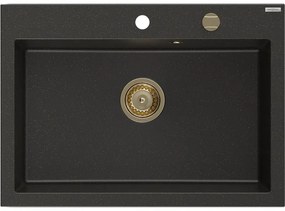 Mexen Elix zlewozmywak granitowy 1-komorowy 700 x 500 mm, czarny/złoty metalik, syfon złoty - 6526701005-75-G