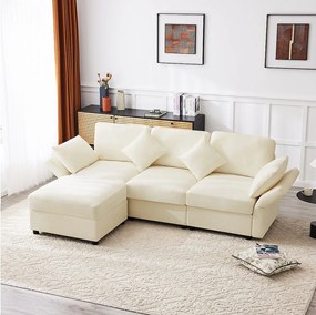 Sofa 3-osobowa, Sofa narożna z podnóżkiem i regulowanymi podłokietnikami - beżowy szenil