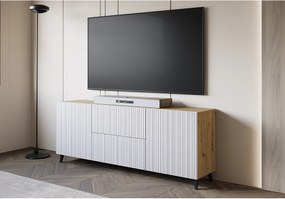 Nowoczesna szafka RTV 180 cm dąb artisan z białymi frontami ryflowanymi, 2 szuflady i 2 szafki boczne