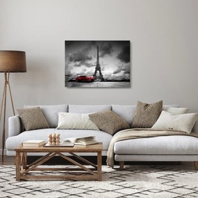 Obraz na szkle - Wieża Eiffla i czerwony samochód (70x50 cm)