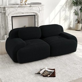 Sofa 2-osobowa z poduszkami - Prosta sofa z zaokrąglonymi podłokietnikami i poduszkami dekoracyjnymi - czarny sztruks