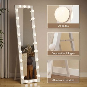 HOMCOM Lustro całopostaci 150x40 cm Lustro LED z 24 żarówkami 3 barwy światła, wolnostojące, do oparcia lub montażu na ścianie Biały | Aosom PL