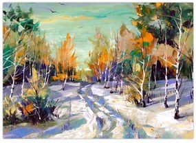 Obraz - Zaśnieżona ścieżka przez las, obraz olejny (70x50 cm)