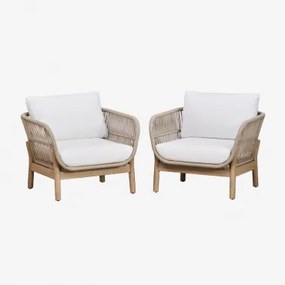 Zestaw 2 Foteli Ogrodowych Z Aluminium I Drewna Akacjowego Karvia Jasny Akacjowy Brąz & Tkaniny Biała - Sklum