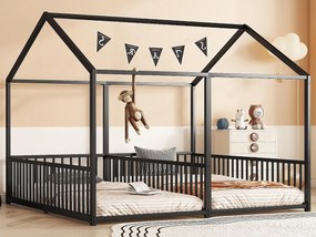 Łóżko piętrowe metalowe 2x90x200cm - z dachem i stelażem na listwy - Czarne