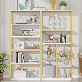 Nowoczesny, minimalistyczny regał magazynowy - 160 x 29,5 x 180 cm - MDF + metal - biały + złoty