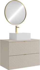 Szafka łazienkowa wisząca z kwadratową umywalką nablatową, baterią i lustrem – beż – 80 cm – DORIONI