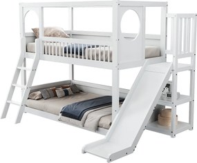 Łóżko piętrowe wielofunkcyjne dla dzieci - z drabinką i zjeżdżalnią - 2x90x200cm - z litego drewna - Białe