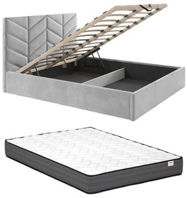 Łóżko ze skrzynią 200 x 200 cm - Tkanina teksturowana - Szary + Materac - JUSTANI