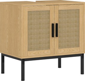 kleankin Szafka łazienkowa w stylu Boho, z rattanowymi elementami, z wycięciem pod umywalkę, Dąb