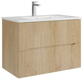 Podwieszana szafka łazienkowa prążkowana z  z umywalką do zabudowy i kranem - Jasny naturalny - 80 cm - ORISO