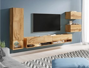 Nowoczesna meblościanka 4-elem. z LED – wiszący zestaw RTV 180 cm, ze słupkiem i szafkami, dąb wotan