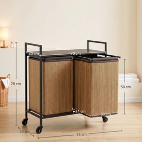 HOMCOM Kosz na pranie bambus 2 komory 120 l, pojemnik z półką, worek na pranie, na kółkach 73x33x78 cm, Brązowy | Aosom PL