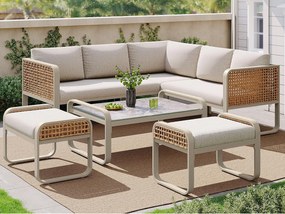 Zestaw ogrodowy, meble rattanowe dla 6-7 osób, narożna kanapa - ze stali ocynkowanej, regulowane nóżki, Beżowy