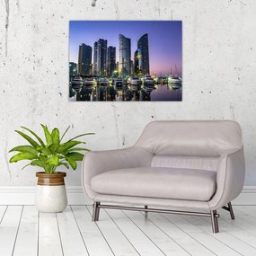 Obraz na szkle - jachty i drapacze chmur (70x50 cm)