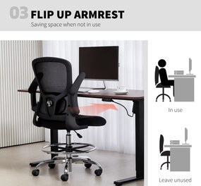 HOMCOM Krzesło do rysowania z podparciem lędźwiowym, regulacją wysokości, obrotowe, do home office, studia, projektów artystycznych, czarne