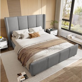 Łóżko tapicerowane dwuosobowe - 160 x 200 cm - wysoki zagłówek i podnóżek - z USB - rama z żelaza i drewna - aksamit - szary