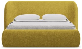 Musztardowe tapicerowane łóżko dwuosobowe ze schowkiem i stelażem 140x200 cm Hauke – Makamii