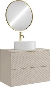 Szafka łazienkowa wisząca z okrągłą umywalką nablatową, baterią i lustrem – beż – 80 cm – DORIONI