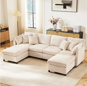 Narożnik L-kształtny - 216 x 161 x 81 cm - Sofa 4-osobowa - z wyjmowanym podnóżkiem - szenil - beż
