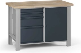 Stół warsztatowy G7, blat bukowy, 1200 x 685 x 840 mm, 1x szafka, 4x szuflada, grafitowy