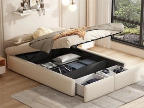 Łóżko podwójne tapicerowane 140x200cm bez zagłówka - z 2 szufladami - Tkanina lniana - Biały