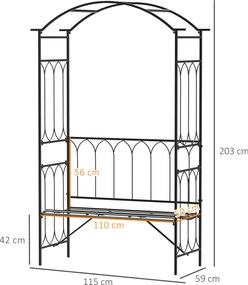 Outsunny Metalowa Pergola z Ławką - Czarny Kolor, 115x50x203cm - Ogrodowa Oaza Relaksu